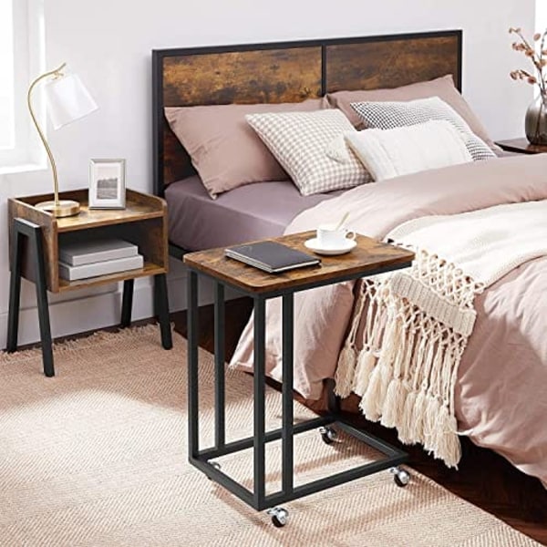 Vasagle End Table, sidobord, soffbord, med stålram och hjul, rustikbrun och svart