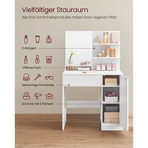 Vasagle toalettbord, sminkbord, fåfängbord med spegel, 1 låda, 2 hyllor, vit