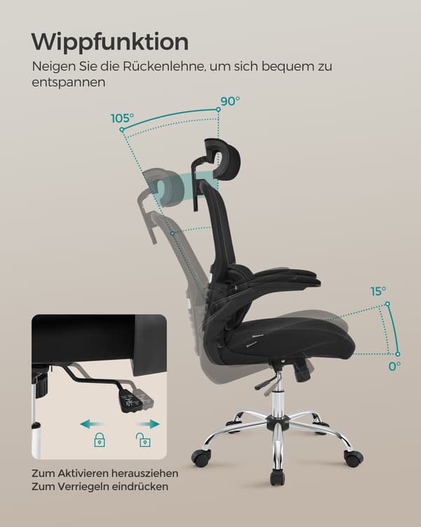 Kontorsstol, skrivbordsstol, ergonomisk, fällbara armstöd, högt ryggstöd, bläcksvart