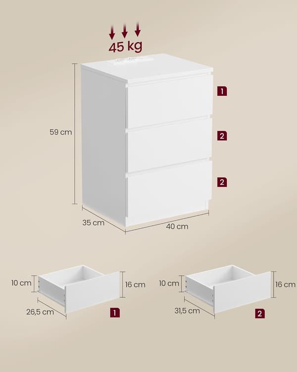 Natbordsbord, Sidebord, 3 skuffer, 2 stikkontakter, 2 USB-porte, Cloud White