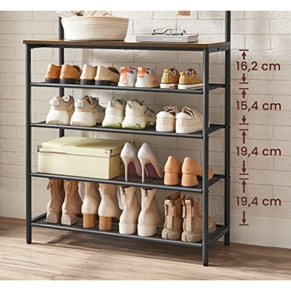 Vasagle Coat Rack Stand, Hall Tree With Shoe Storage, 5 Tier Shoe Rack, rustikbrun och svart