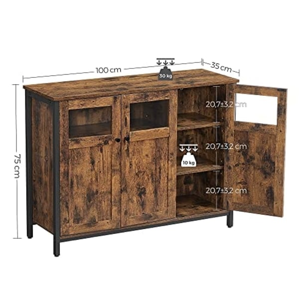 VASAGLE sideboard, buffébord, förvaringsskåp med glasdörrar, rustikt brunt och svart