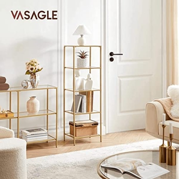 VASAGLE hylde, 5-etagers stigehylde, smal glashylde, guld