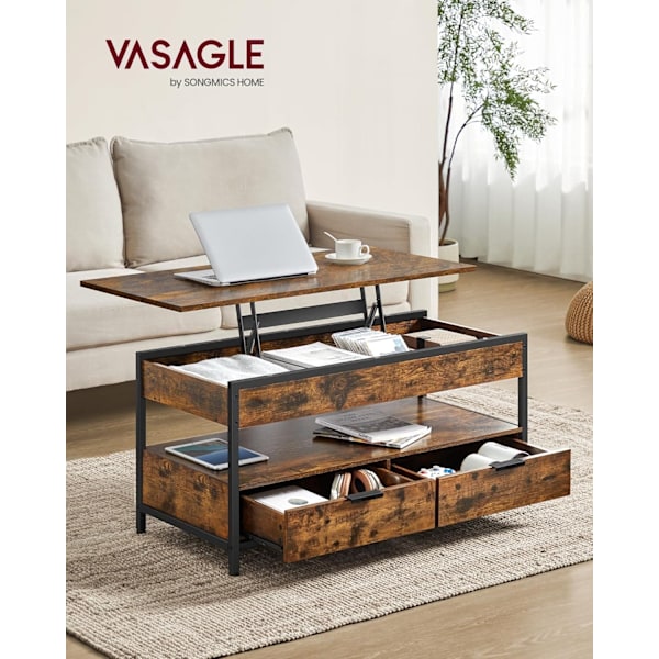 VASAGLE soffbord med hiss, vardagsrumsbord, med förvaringslådor, rustikt brunt och bläcksvart