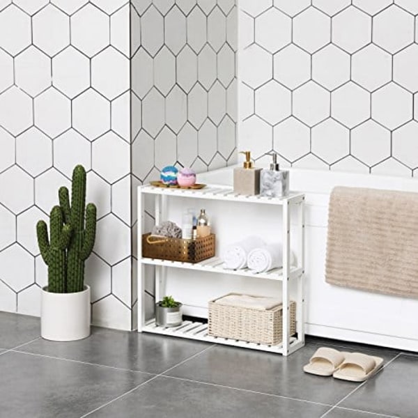 Songmics bambus hylde, højdejusterbar, 3 niveauer hylde, 60 x 15 x 54 cm, hvid