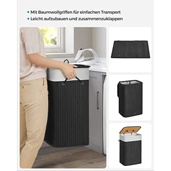 Songmics bambus vasketøjskurv, 72L sammenklappelig vasketøjskurv, rektangulær 40 x 30 x 60 cm, sort