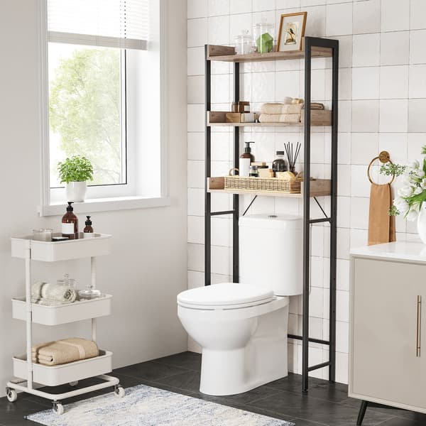 Toiletthylde, Badeværelseshylde, Vaskemaskinehylde med 3 åbne hylder, Grå-Sort