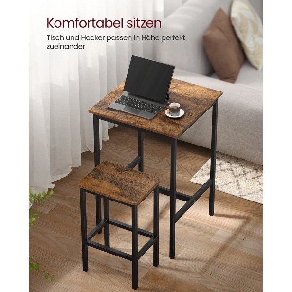 VASAGLE barbord med barstolsset, matbord med 2 stolar, vintage brun/svart