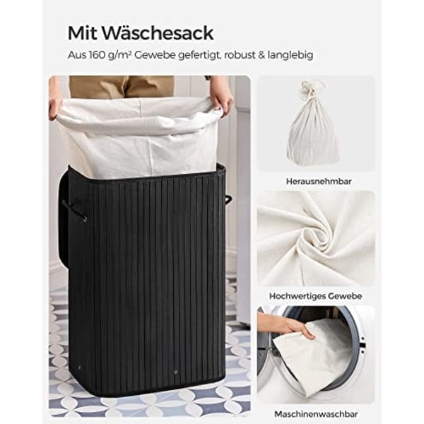 Songmics bambu tvättkorg, 72L fällbar tvätthamper, rektangulär 40 x 30 x 60 cm, svart