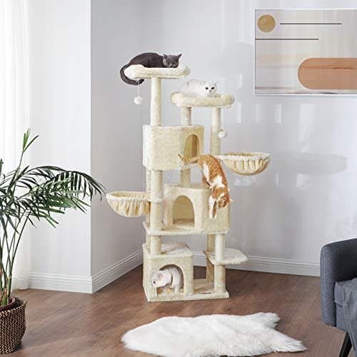 Feandrea stort kattträd med 3 katthålor, 164 cm katttorn, beige