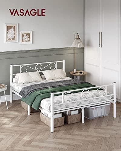 Vasagle  dubbelsäng ram metall sängram passar 140 x 190 cm madrass, vit