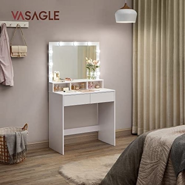 Vasagle meikkipöytä Vanity Table 9 LED-lampulla ja peilillä, Moderni valkoinen