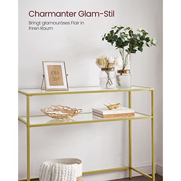 Vasagle -konsolbord, härdat glasbord, modern soffa eller entrébord, guldfärg