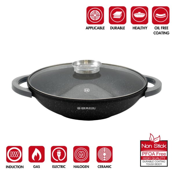 Herzog 32 cm marmorbelagd wok med glaslock Aromaknopp - 4,3L