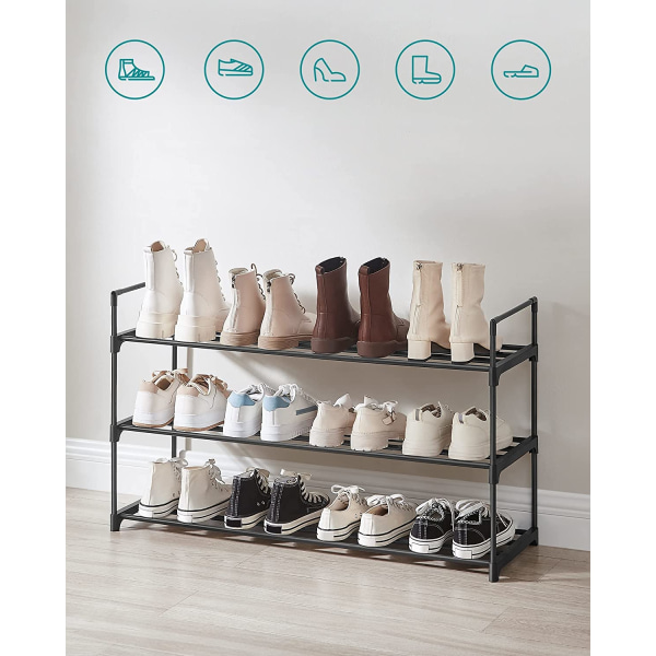 Songmics 3-kerroksinen kenkäteline, kenkäsäilytysjärjestelmä, metallinen säilytysteline, 30 x 92 x 54 cm, musta