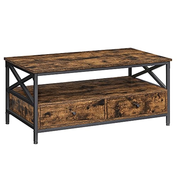 VASAGLE soffbord, vardagsrumsbord, X-formad stålstomme, 100 x 55 x 45 cm, brun och svart