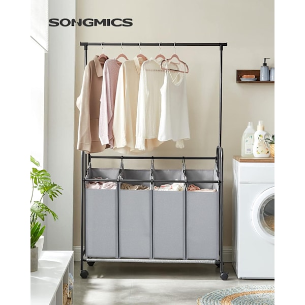 SONGMICS 4-delad tvättsorterare, rullande tvättkorg, 52,8-liters, grå