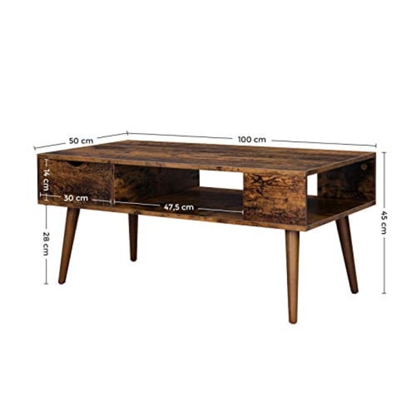 Vasagle sofabord med opbevaring, skuffe, åbent rum, 100 x 50 x 45 cm, rustik brun