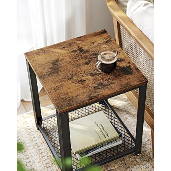 Vasagle sidebord, industrielt endebord, sofabord, med metalram, let at samle, brun og sort