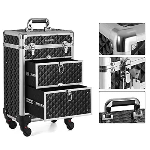 SONGMICS Låsbart sminkfodral, Rolling Cosmetics Beauty Trolley Box, Svart