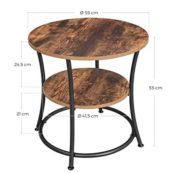 Vasagle sidebord rundt, endebord med 2 hylder, stue, soveværelse, rustik brun