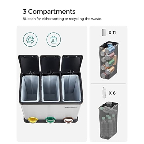 SONGMICS affaldssortering, 3-i-1 pedalspand, 24-liters metalaffaldsspand, stål, sølv