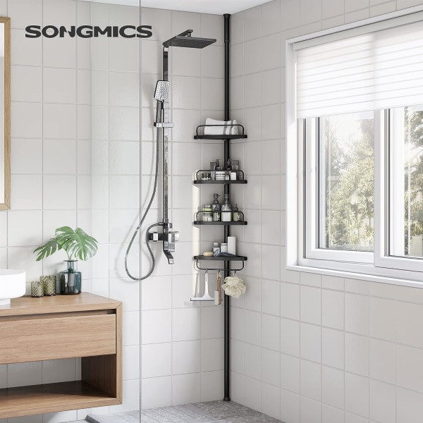 Songmics justerbar hörnhylla för badrum, 85-305 cm, med 4 brickor, 3 krokar, svart