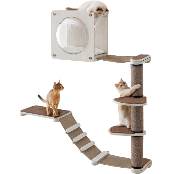 Feandrea Clickat Oasis kattväggmöbel, set om 5, kattklättervägg, katthylla, kaffebrun