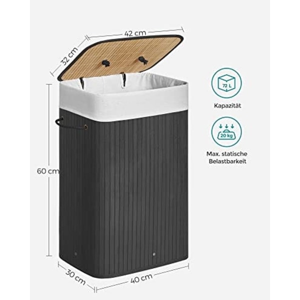 Songmics bambus vasketøjskurv, 72L sammenklappelig vasketøjskurv, rektangulær 40 x 30 x 60 cm, sort