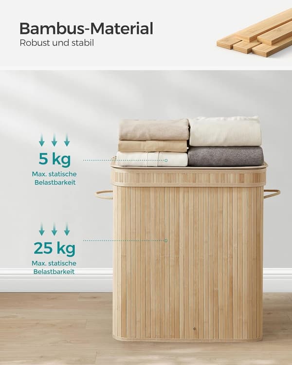 Tvättkorg med lock, bambu, 100 liter