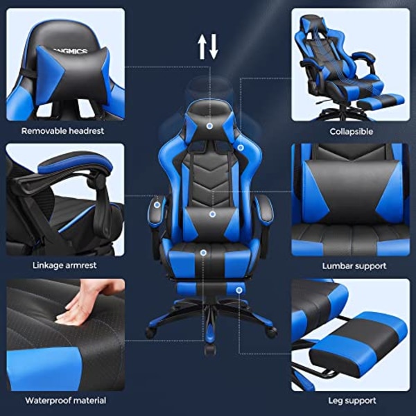 Songmics gaming stol, ergonomisk kontorstol, skrivebordsstol, vippevinkel, sort/blå