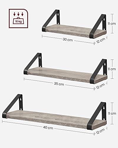 Vasagle Industrial Design Svævehylder Sæt med 3 Væghængte, Grå Sort