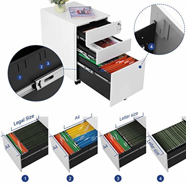 SONGMICS Teräksinen rullakaappi, jossa 3 laatikkoa ja ripustuskansio Lukittava toimistokaappi