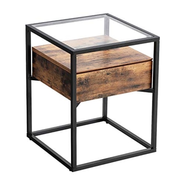 VASAGLE sidebord, konsolbord i hærdet glas med skuffe og hylde, rustikt brunt og sort