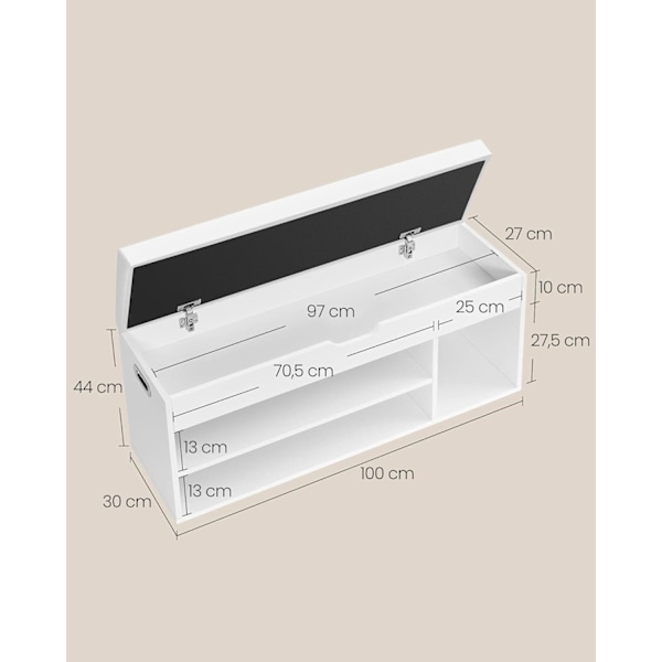 VASAGLE skobänk med dyna, förvaringsbänk med vadderad sits, 3 fack, vit