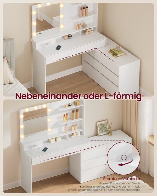 Makeupbord med spejl og LED-belysning, L-formet, skyhvid