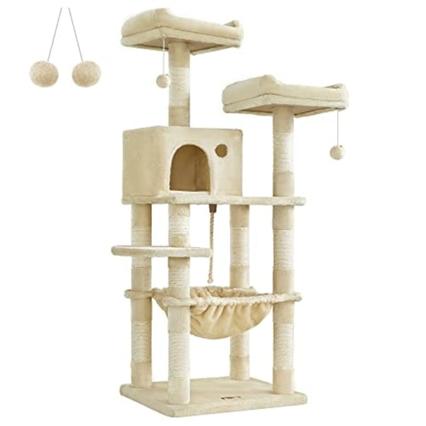 Feandrea kattetræ, stabilt kradsetræ, 2 plys udsigtsplatforme, 143 cm, beige
