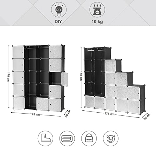 SONGMICS Garderobeskab med 2 tøjstænger 180 x 145 x 37 cm Sort, 143 x 178 x 36 cm