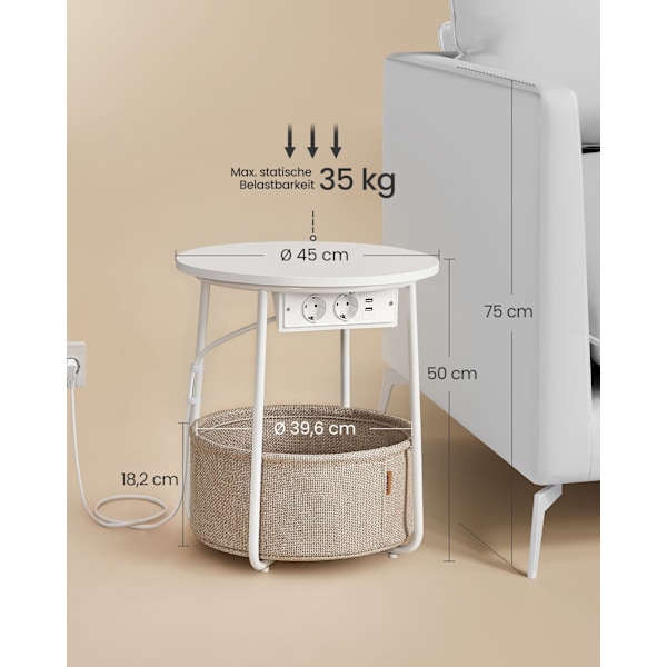 Sofa Bord, Sidebord med Stofkurv, Til Stue, Soveværelse, Natbord, Hvid Og Kamelbrun