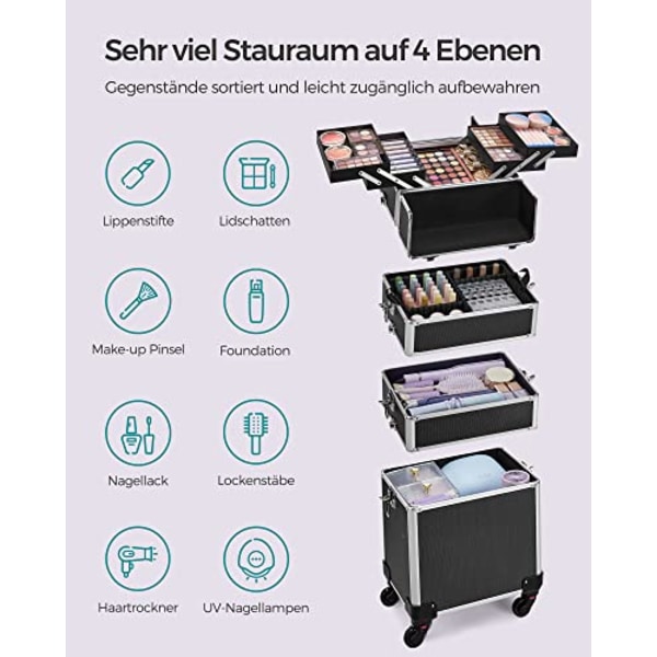 Songmics Professional makeup box, 4-i-1 Travel Beauty Trolley, Stor kosmetisk vagn, smink väska, Svart