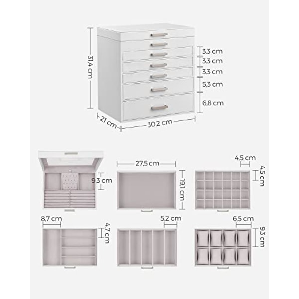 Songmics stort smyckesfodral, med 6 lager och 5 lådor, Vit