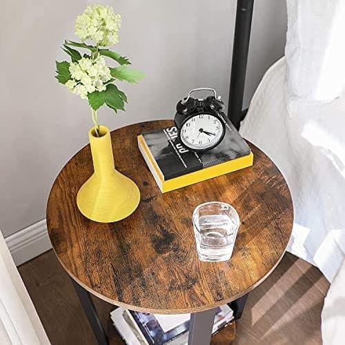Vasagle sidebord, rundt endebord med stålramme, til dagligstuen, rustik brun og sort