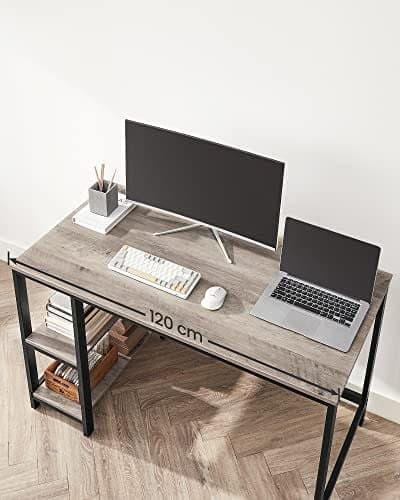 VASAGLE Computerbord, Skrivebord med 2 hylder, Stålramme, Greige og Sort