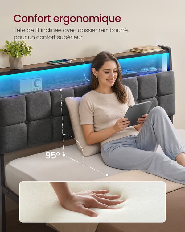 Sengeramme 140 x 190 cm med 2 skuffer, LED-belysning og ladestation