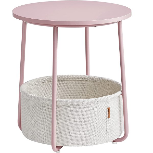 Vasagle sidebord, rundt bord med stofkurv, sengebord, pastel pink/sky hvid