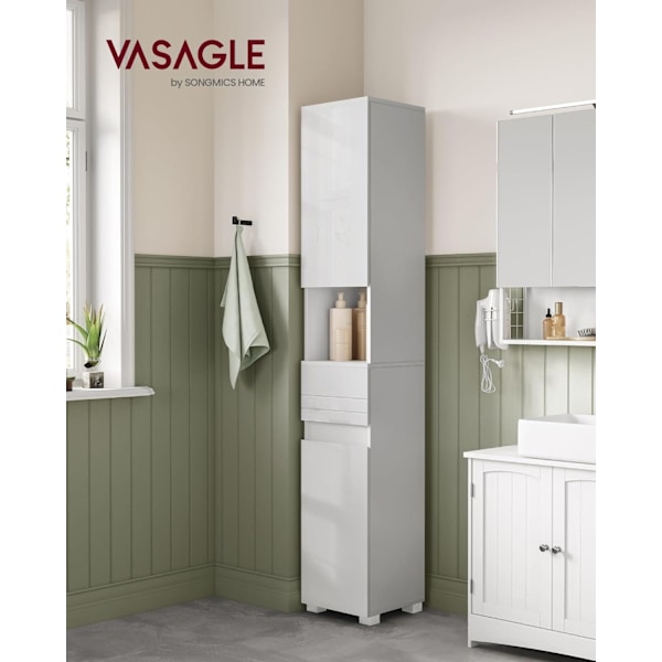 VASAGLE korkea kylpyhuonekaappi, kapea säilytyskaappi, kapea kaappi, valkoinen
