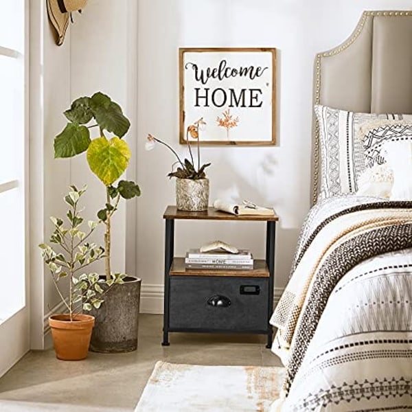 Songmics Nightstand, sängbord med förvaring, tyglåda, slutbord med 2 hyllor, svart