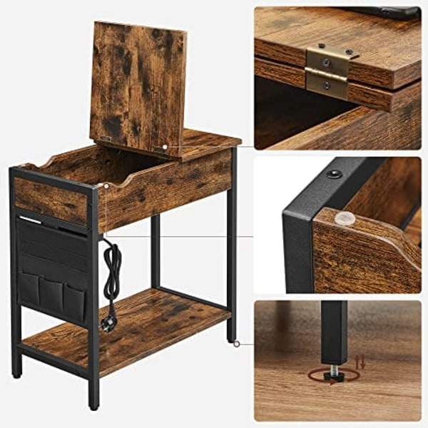 Vasagle sidebord, sammenklappeligt sengebord med stikkontakt, sammenklappelig bordplade, brun sort