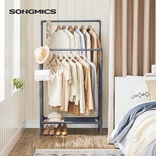 Songmics tøjstativ, metalstativ med 2 hængeskinner og opbevaringshylde, grå
