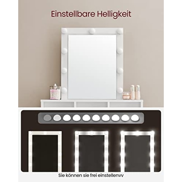Toiletbord med Spejl og Pærer, Kosmetisk Bord med 2 Skuffer og 3 Åbne Rum, Toiletbord til Makeup, Moderne, Hvidt